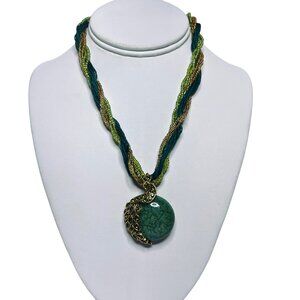 Multi Strand Green Seed Bead Necklace With Peacock Pendant (5889-1-2)